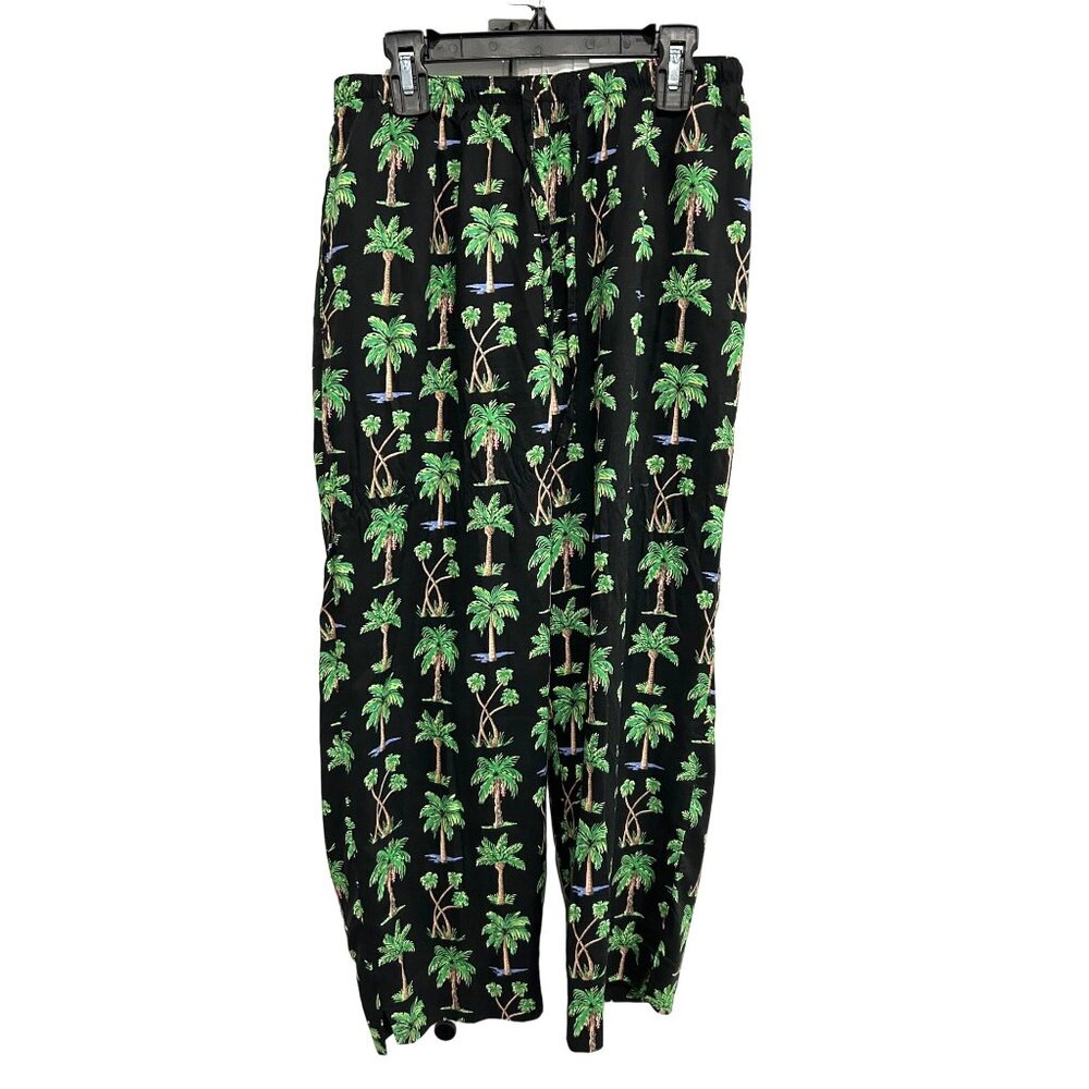 Weekend Traffic Tropical Palm Tree Print Pajama Pants S Elastic Waist Black Gree